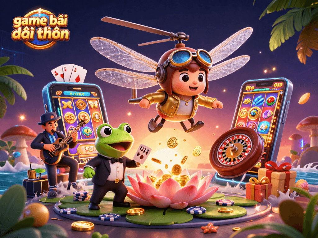 Engage with exciting game bài đổi thưởng activities featuring vibrant casino elements and lively characters.