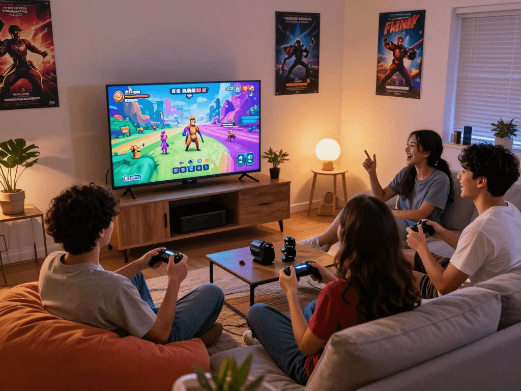 Friends enjoying a vibrant porn game together on a large screen in a cozy gaming room.