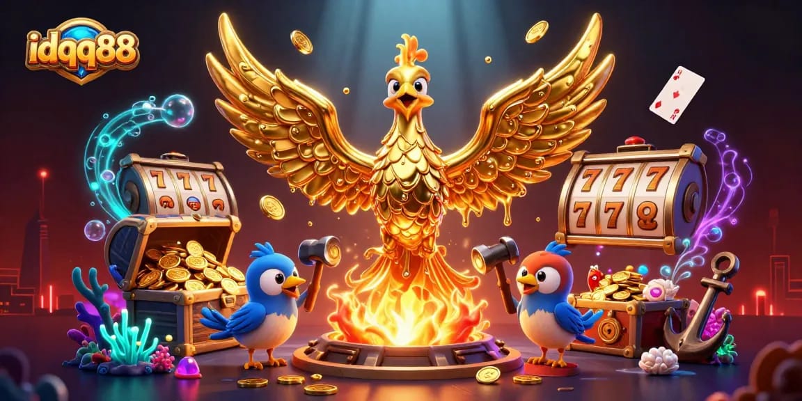 Engage with idqq88's bright world of slots as a molten phoenix transforms gold into coins.