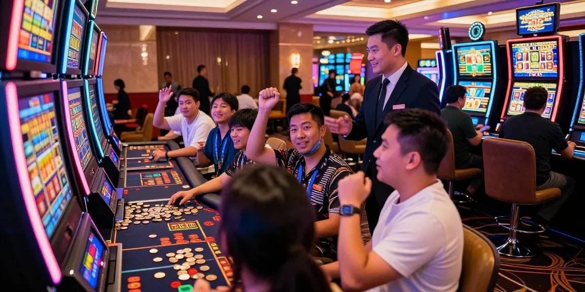 Exciting bandar slot gaming scene with diverse players celebrating wins in a vibrant casino setting.
