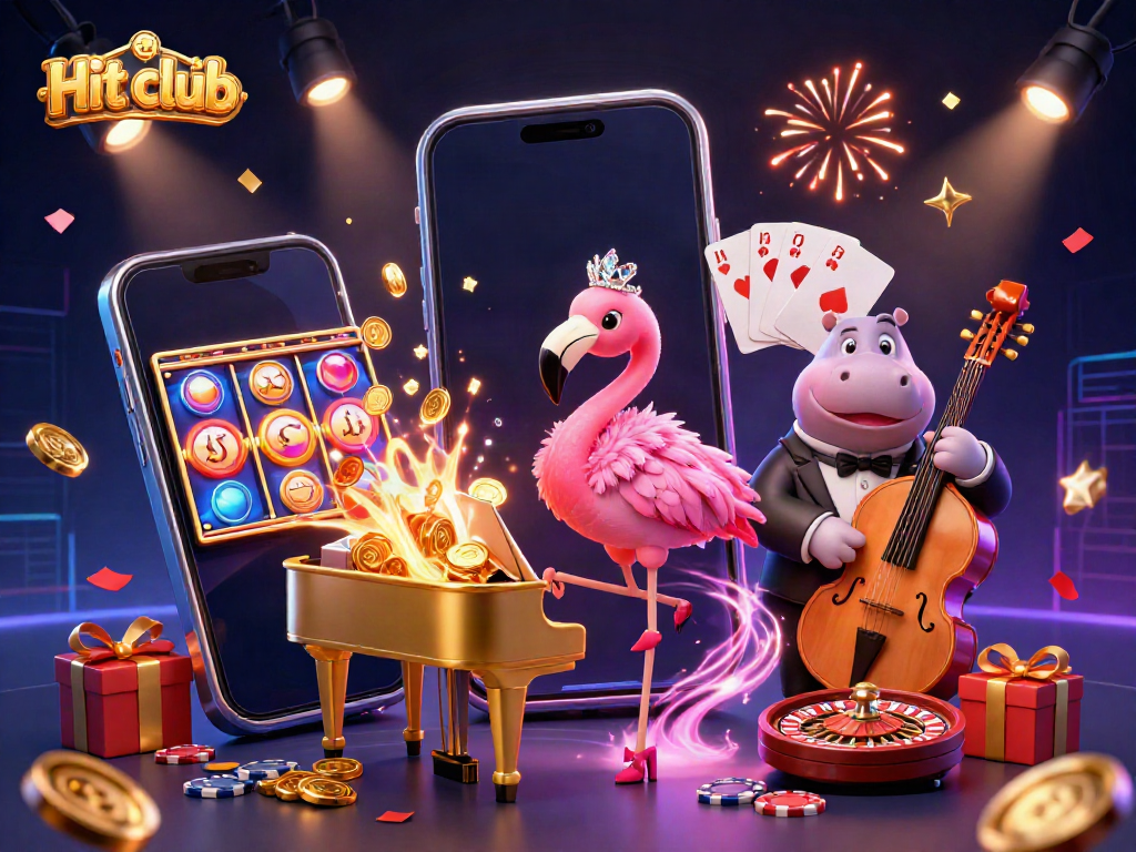 Experience the thrill of Hit club with vibrant characters and exciting slot games in this dynamic casino scene.