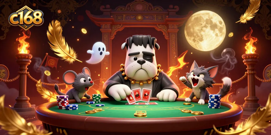 c168 poker scene with Frankenstein bulldog and ghost mouse showcasing engaging game elements and rich atmosphere