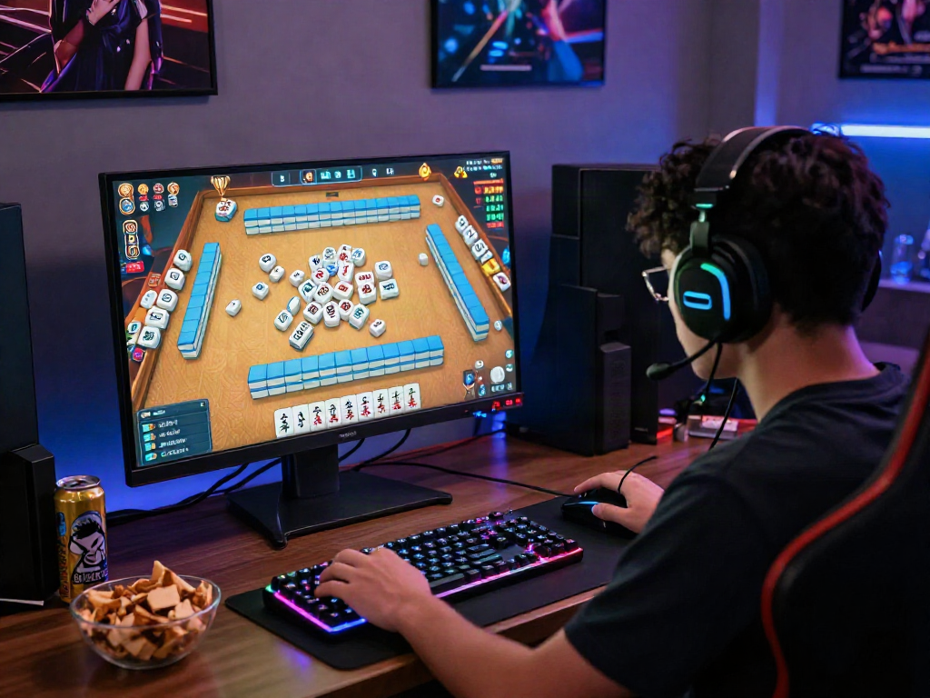 Engaging player focused on MAHJONGJP88 Online game with vibrant tiles and gaming setup.