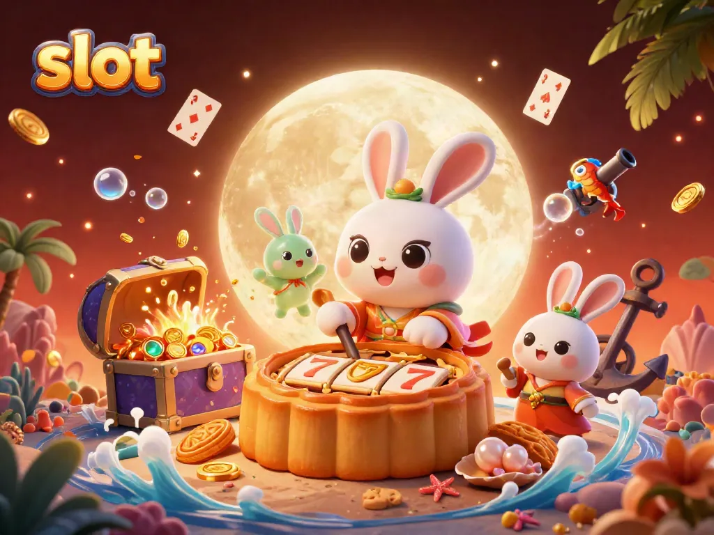 Experience vibrant slot reels with the moon rabbit in a whimsical 3D casino illustration.