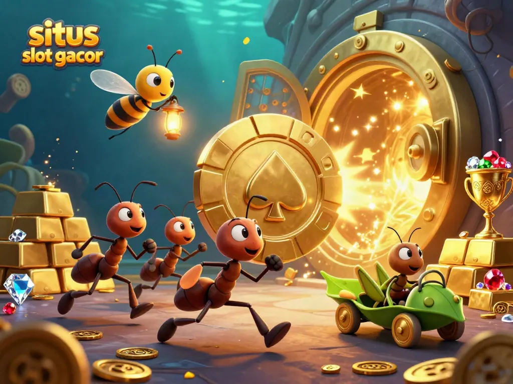 Engaging scene of ants and fireflies working strategically in a heist, spotlighting situs slot gacor.