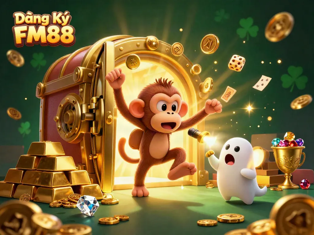 Experience the thrill of Đăng Ký FM88 in a vibrant casino scene with playful characters surrounded by treasures.