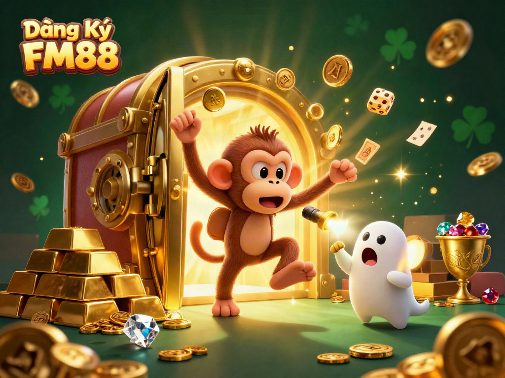 Experience the thrill of Đăng Ký FM88 in a vibrant casino scene with playful characters surrounded by treasures.