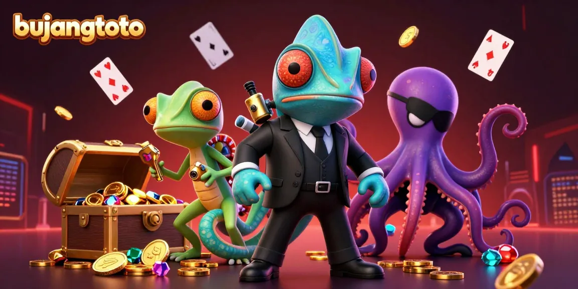 Bujangtoto's dynamic gaming scene showcases a colorful treasure chest and vibrant casino elements.