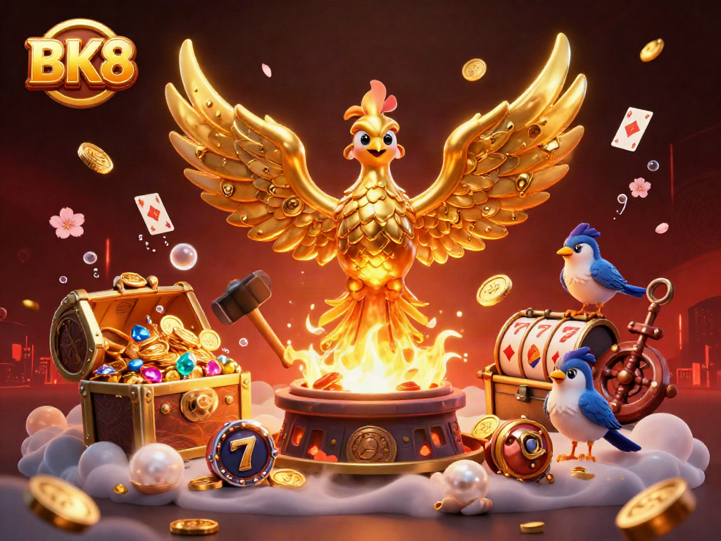 Engage with thrilling BK8 casino action featuring a mythical golden phoenix amidst dynamic game elements.