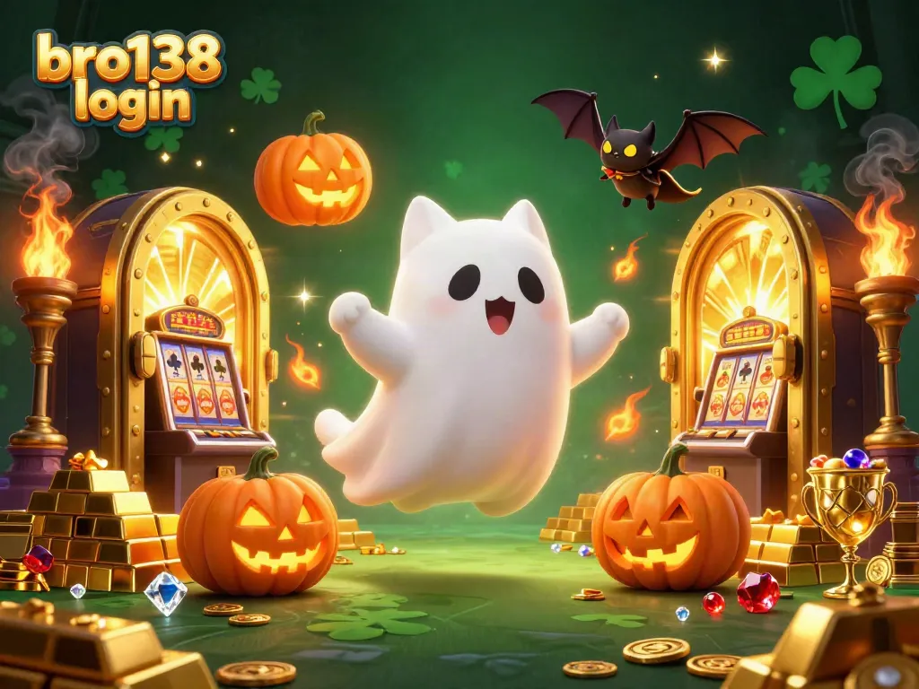 Experience the thrill of gaming with bro138 login, featuring a ghost cat and a vampire bat in a vibrant casino setting.