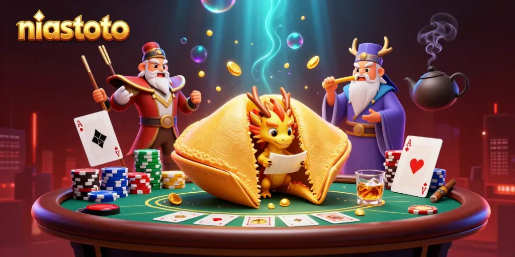 Experience the excitement at niastoto with interactive gambling elements amidst vibrant illustrations.