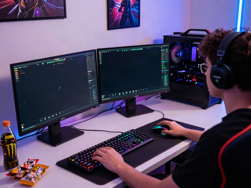 Engaging gaming scene showcasing Hargatoto action on dual monitors, with vibrant interfaces and gaming setup.