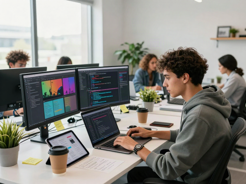 Developer coding on laptop in a modern workspace featuring gbwhatsapp dashboard and collaborative tech environment.