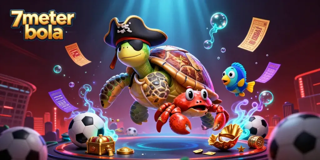 Engage in thrilling sports betting action with 7meter bola as a pirate turtle discovers riches surrounded by vibrant wagers.