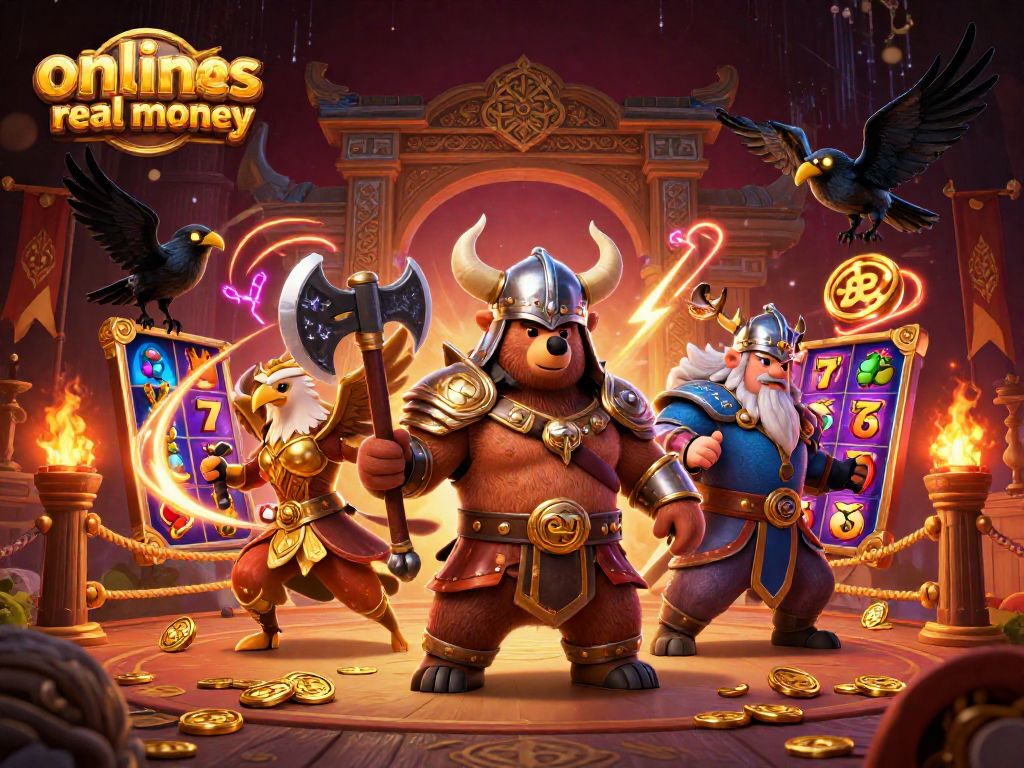 Engage with online slots real money in a vibrant 3D illustration featuring a Viking bear and Valkyrie eagle.