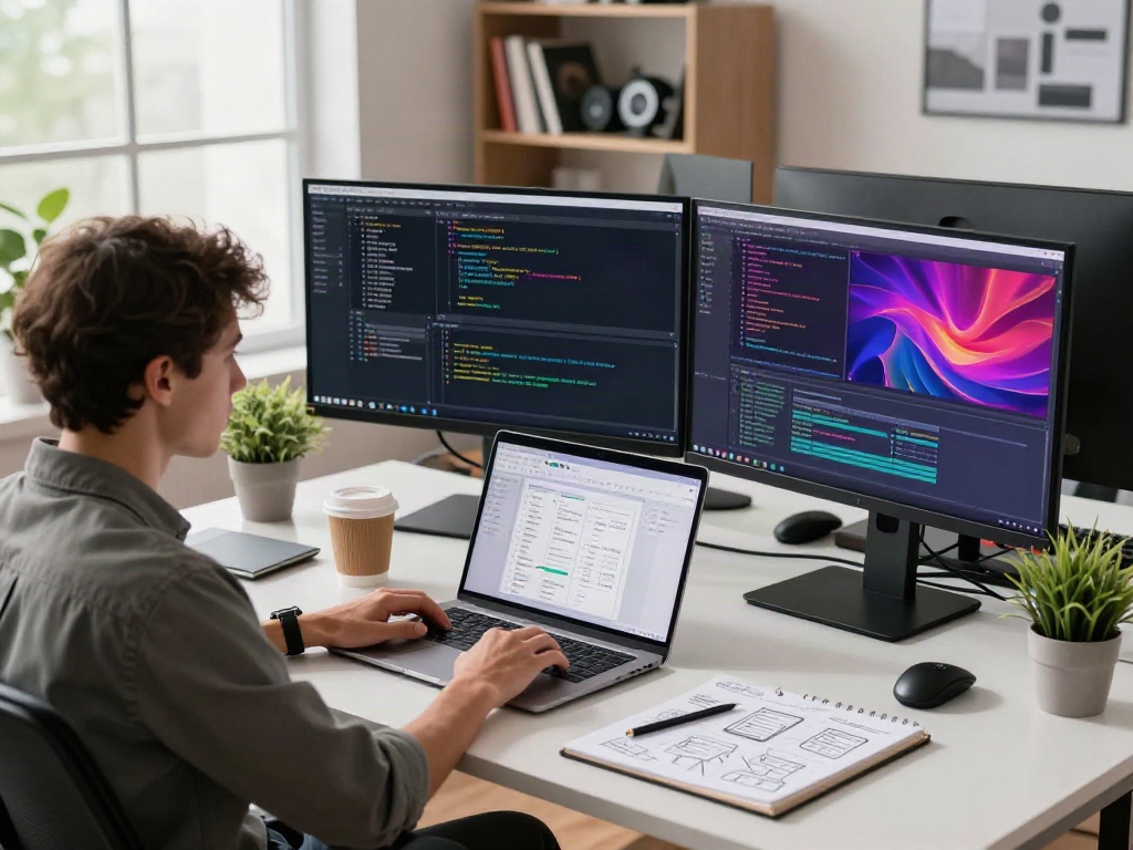 Pikashow APK download in a tech workspace showcasing a focused developer coding with vibrant screens.