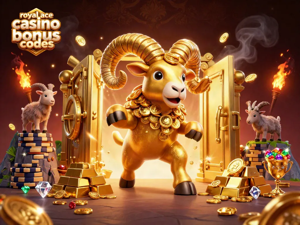 Play to win with royal ace casino bonus codes amidst a vibrant, fortune-filled treasure scene.