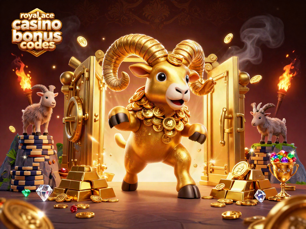 Play to win with royal ace casino bonus codes amidst a vibrant, fortune-filled treasure scene.