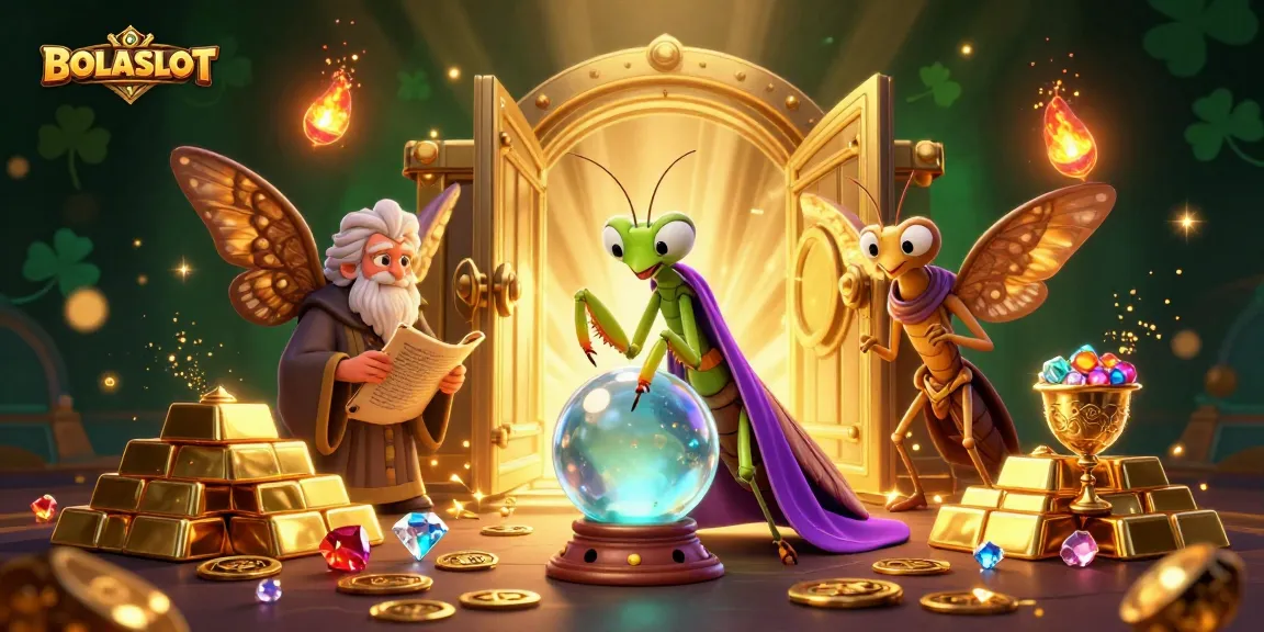 Engage with BOLASLOT in a vibrant casino adventure featuring mystical characters surrounded by treasures and luck.