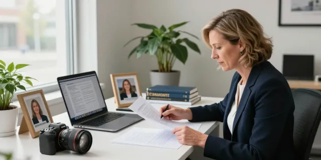 Karen McCleave lawyer reviewing legal documents in her bright office.