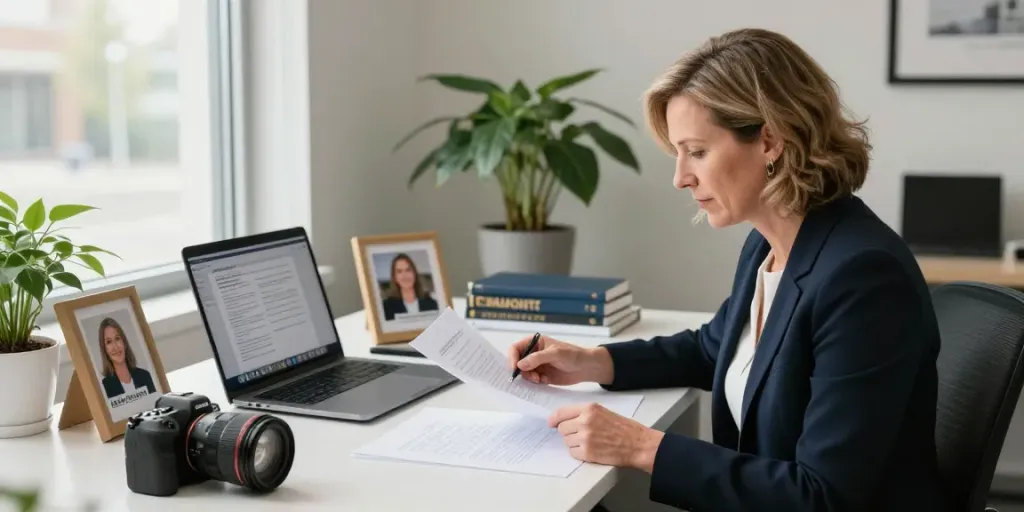 Karen McCleave lawyer reviewing legal documents in her bright office.