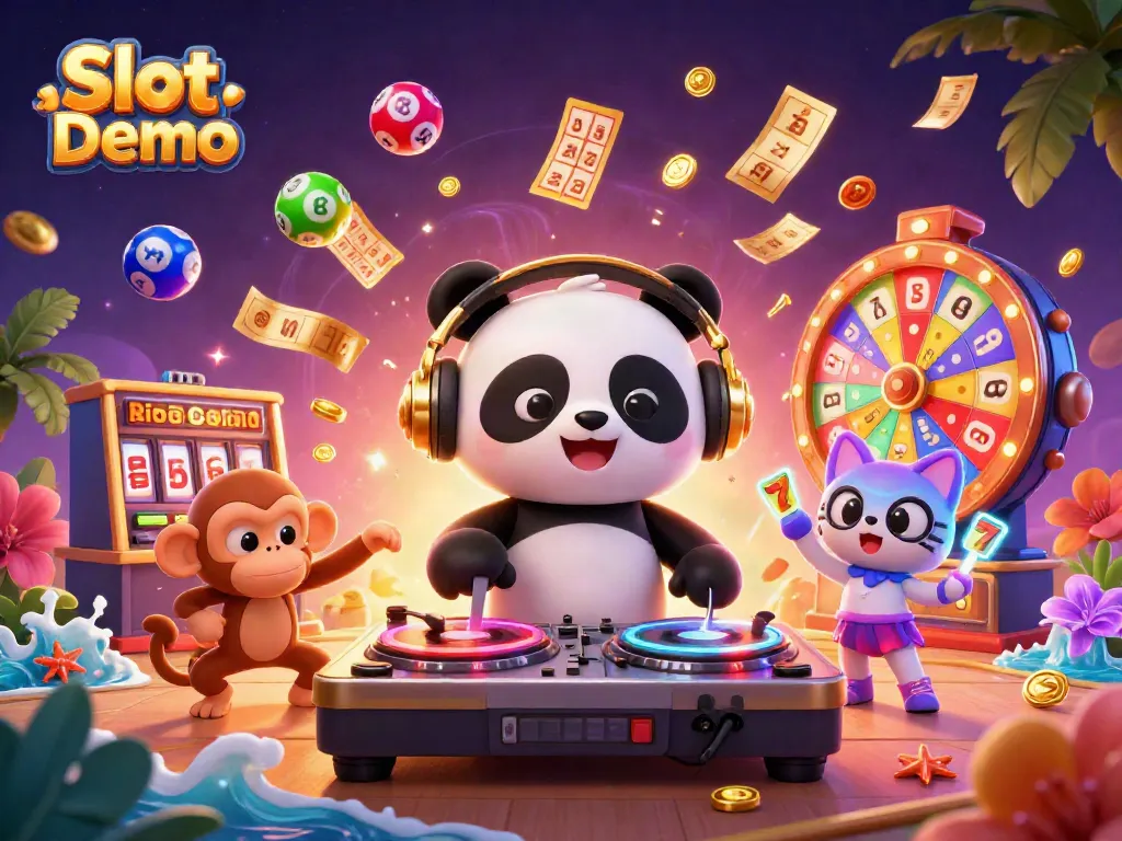 Spin the Slot Demo reels with a vibrant 3D scene featuring colorful characters and dynamic casino elements.