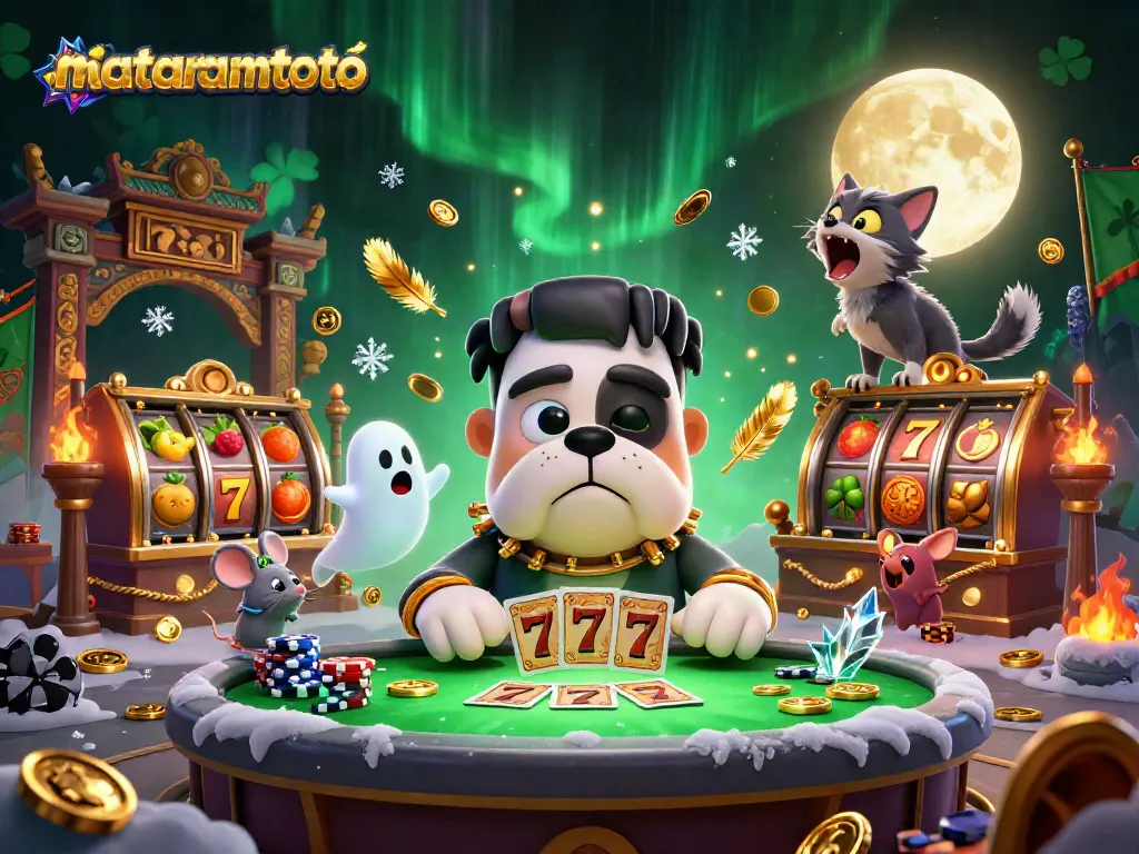 Experience thrilling card games with mataramtoto featuring a Frankenstein bulldog and golden elements.