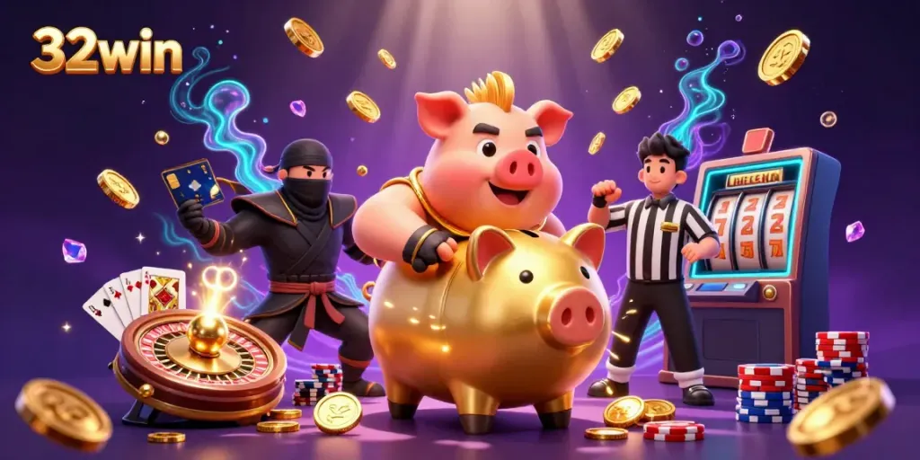 Cascade golden coins and lucky 7s with 32win characters in a vibrant 3D casino scene.