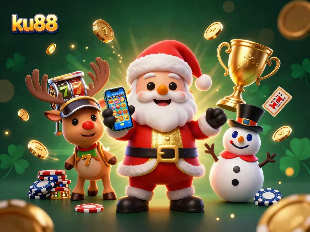 ku88 showcases an engaging 3D casino scene with characters celebrating jackpot slots and dynamic gaming elements.