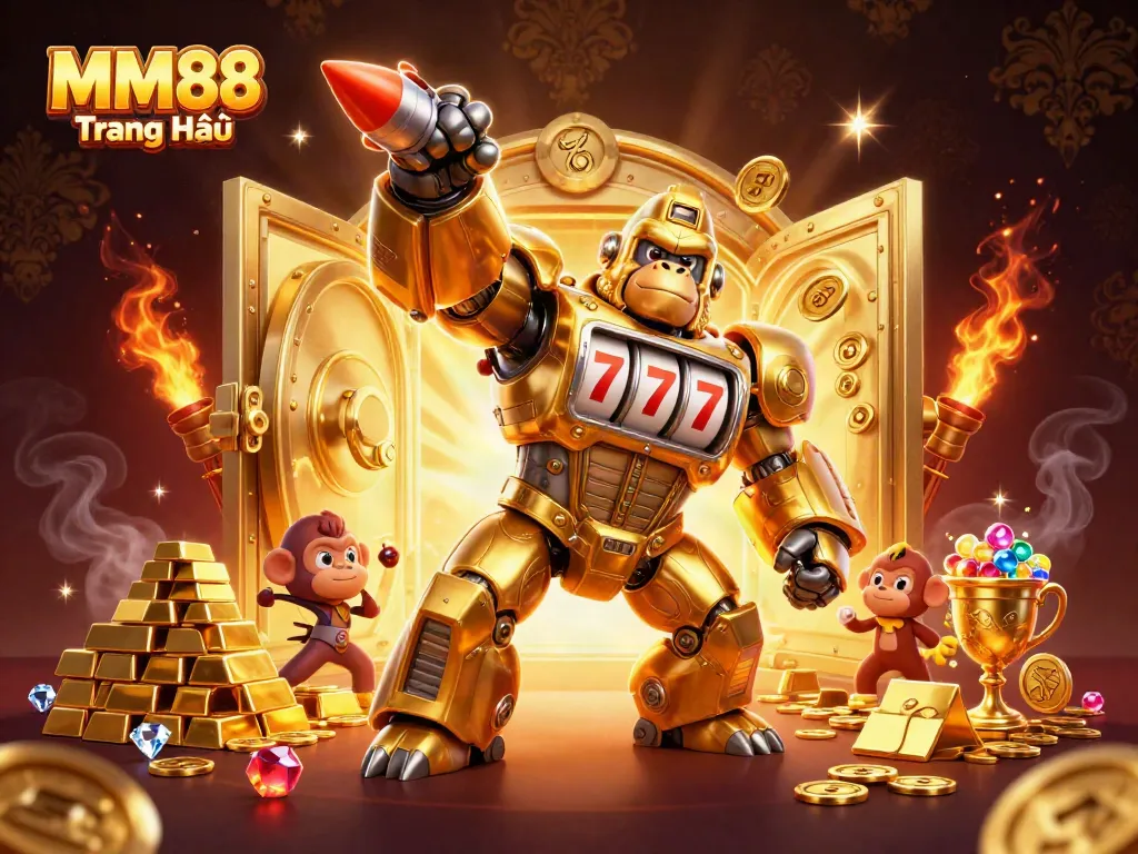 Experience MM88 Trang Chủ with a thrilling 3D golden gorilla mech amidst dazzling casino treasures.