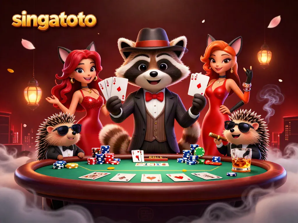 Engage with singatoto casino vibes featuring a raccoon and fox in lavish poker scene.
