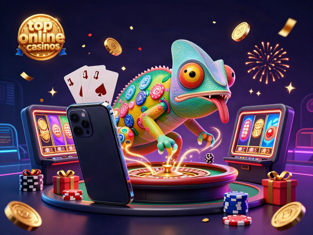 Play at top online casinos featuring a vibrant 3D chameleon casino owner and exciting gaming elements.