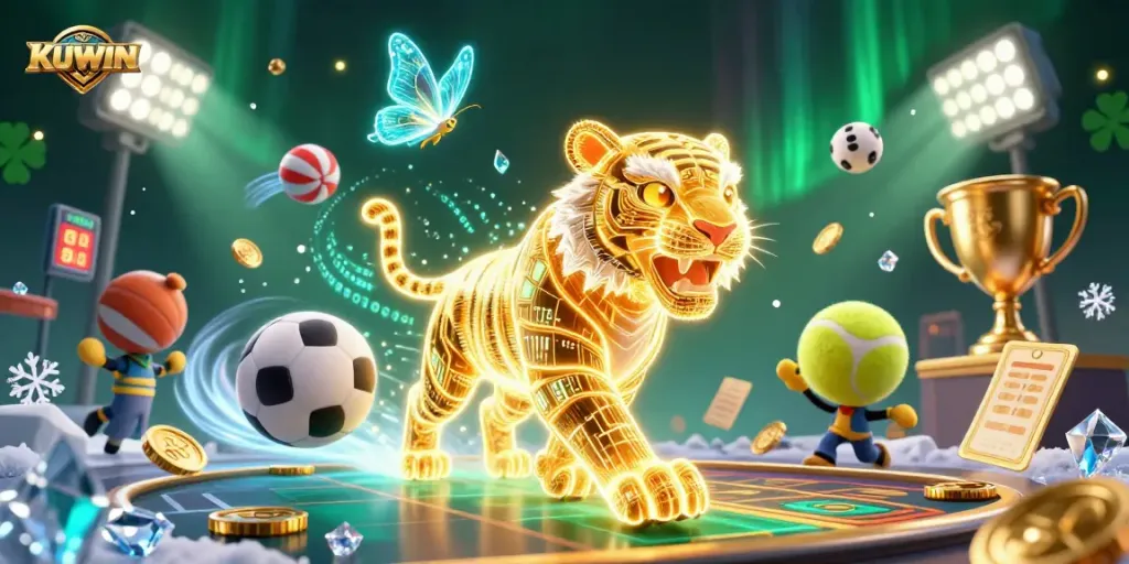 Kuwin powers an exciting casino adventure with a neon tiger in a digital realm filled with dynamic sports elements.