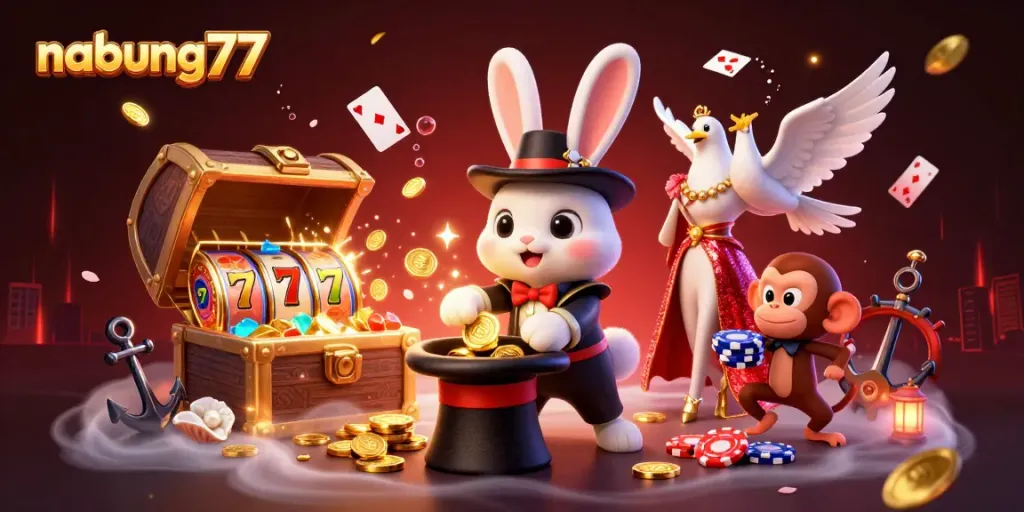 Engaging nabung77 online casino illustration with a magician rabbit, poker chips, and vibrant slot elements.