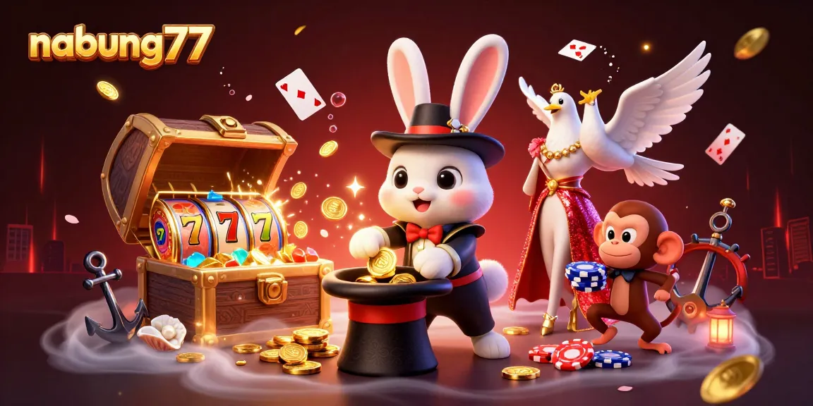 Engaging nabung77 online casino illustration with a magician rabbit, poker chips, and vibrant slot elements.