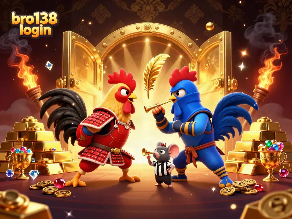 Engage in fun with bro138 login: Join twin roosters battling in a vibrant, treasure-filled scene.