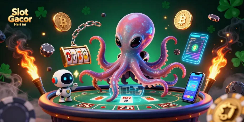 Experience thrilling Slot Gacor Hari ini with a vibrant scene featuring an alien octopus and holographic games.
