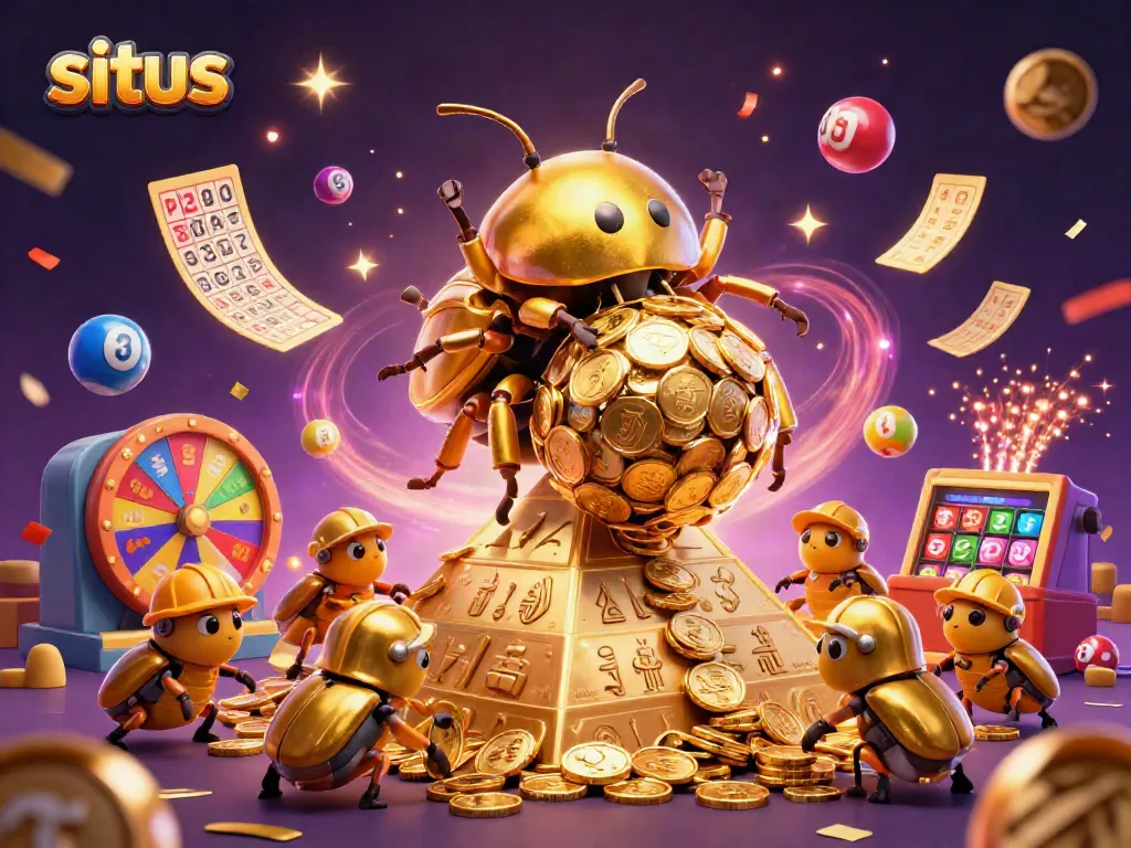 Experience excitement in the situs featuring a golden beetle rolling coins amidst a vibrant casino scene.