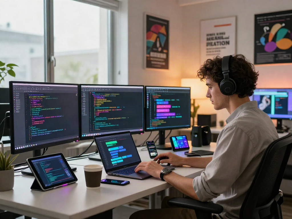 Interactive workspace with a user engaging with an NSFW chat bot on a laptop, showcasing modern tech environment