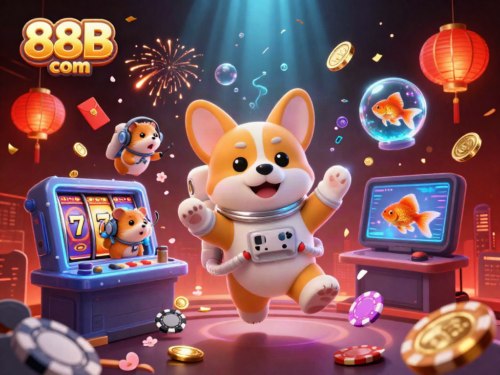 Engage with 88B com in a dynamic space casino scene featuring an astronaut corgi and floating game elements.