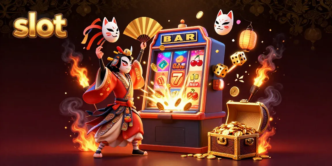Engaging slot scene with kabuki warrior and kitsune mask amidst a jackpot explosion of coins and vibrant casino elements.