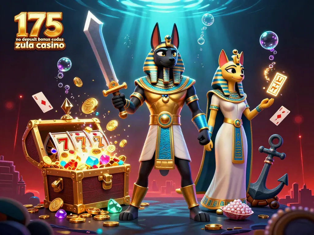 Claim 175 no deposit bonus codes zula casino with Anubis and Bastet amidst slot reels and treasure.