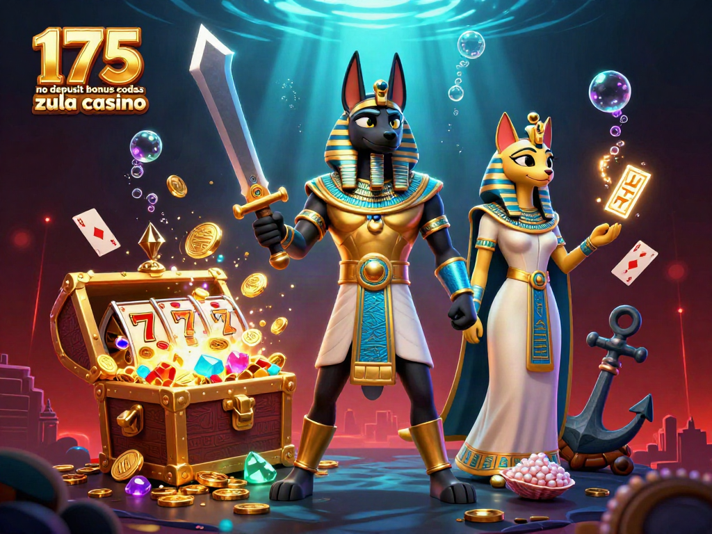 Claim 175 no deposit bonus codes zula casino with Anubis and Bastet amidst slot reels and treasure.