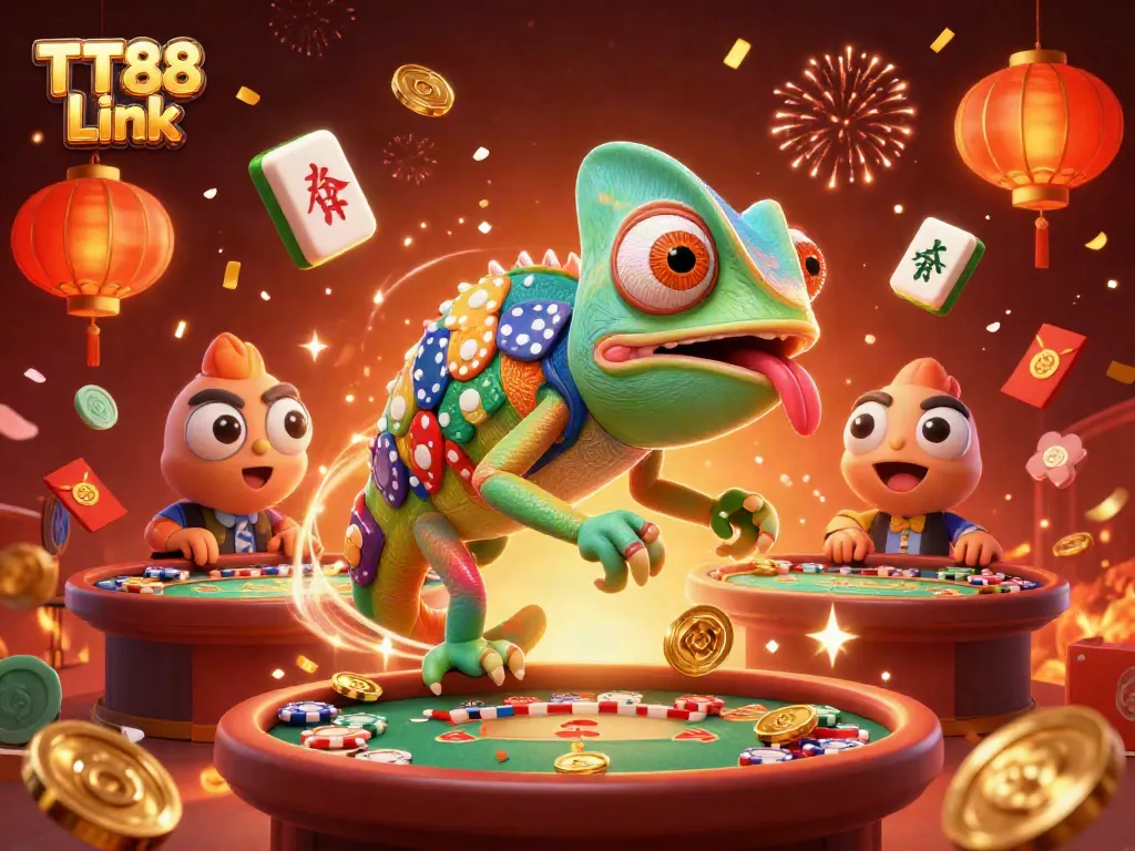 Experience the excitement of TT88 Link with a vibrant casino scene featuring a chameleon owner and dynamic game elements.