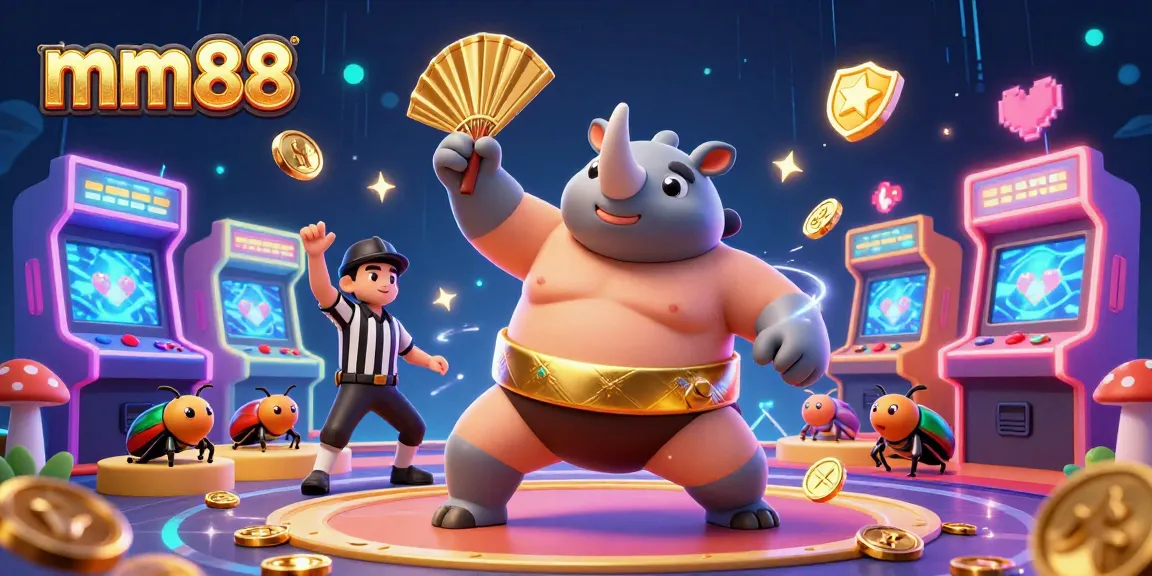 Experience thrilling gameplay with mm88 as a rhinoceros beetle champion unleashes coins in an epic casino scene.