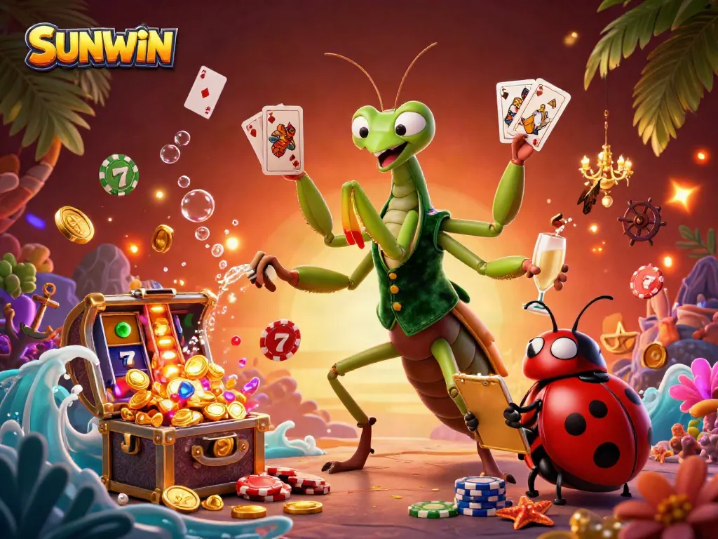 Experience the excitement of SUNWIN with a vibrant 3D illustration showcasing carnival vibes, slot reels, and casino energy.