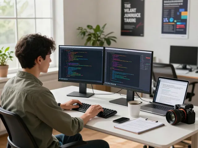 Brave browser development scene with a programmer coding at a modern desk.