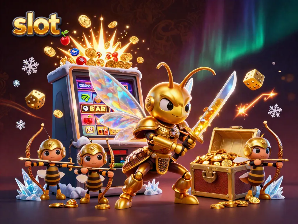 Experience the excitement of slot gaming with a vibrant 3D scene featuring a jackpot burst and engaging characters.