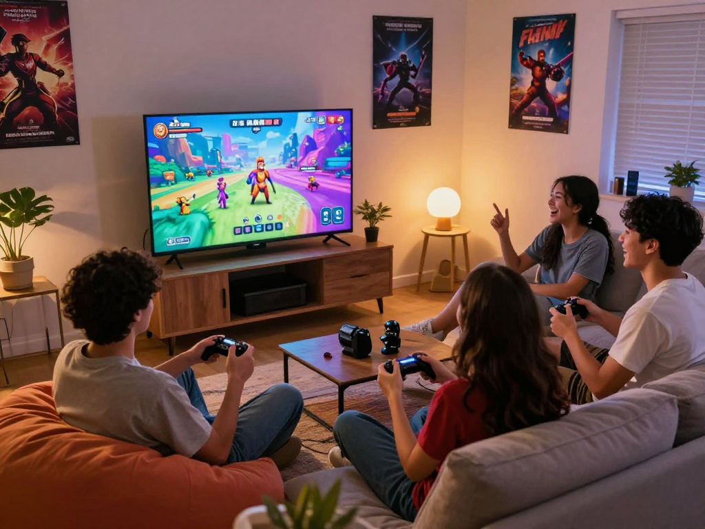 Friends enjoying a vibrant porn game together on a large screen in a cozy gaming room.
