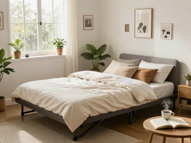 Stylish fold up bed in a cozy bedroom with natural light and decor.